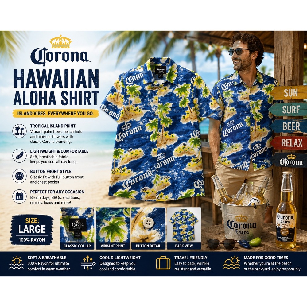 Corona Hawaiian Aloha Shirt Men's Large Blue Tropical Palm Tree Button Front
